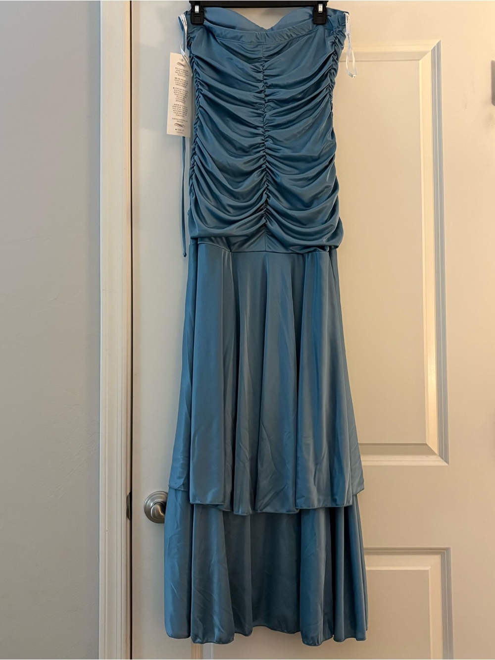 NWT Strapless Ruched Blue Cascade Evening Dress - Picture 8 of 12
